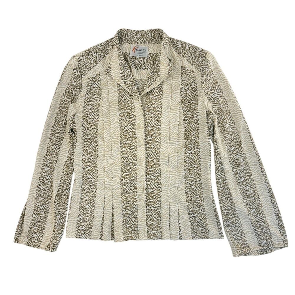 Vintage 80s Kiva Beige Pleated Polyester Blouse Pearl Button Shirt Women's 8 - Picture 3 of 7